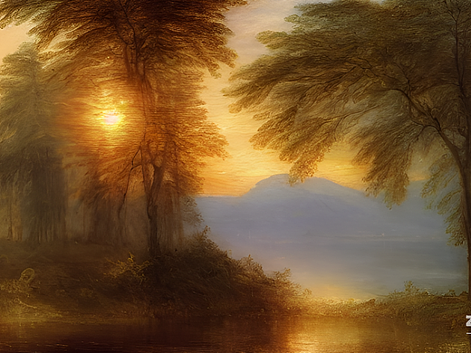 #AI创作实验室#森林，朝霞 ，耶稣光，湖面房子