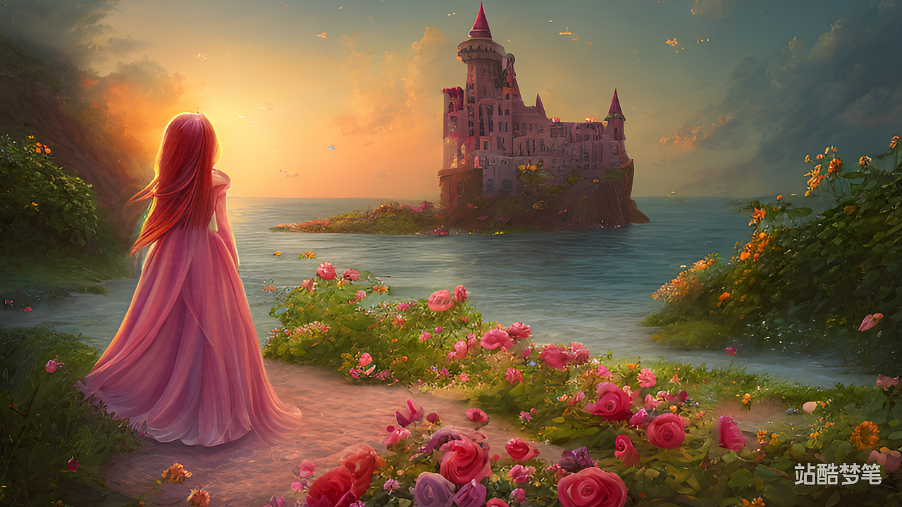 #站酷梦笔#海边,夕阳,长发女孩,玫瑰花,梦幻,城堡