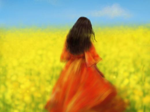 油菜花，红裙子