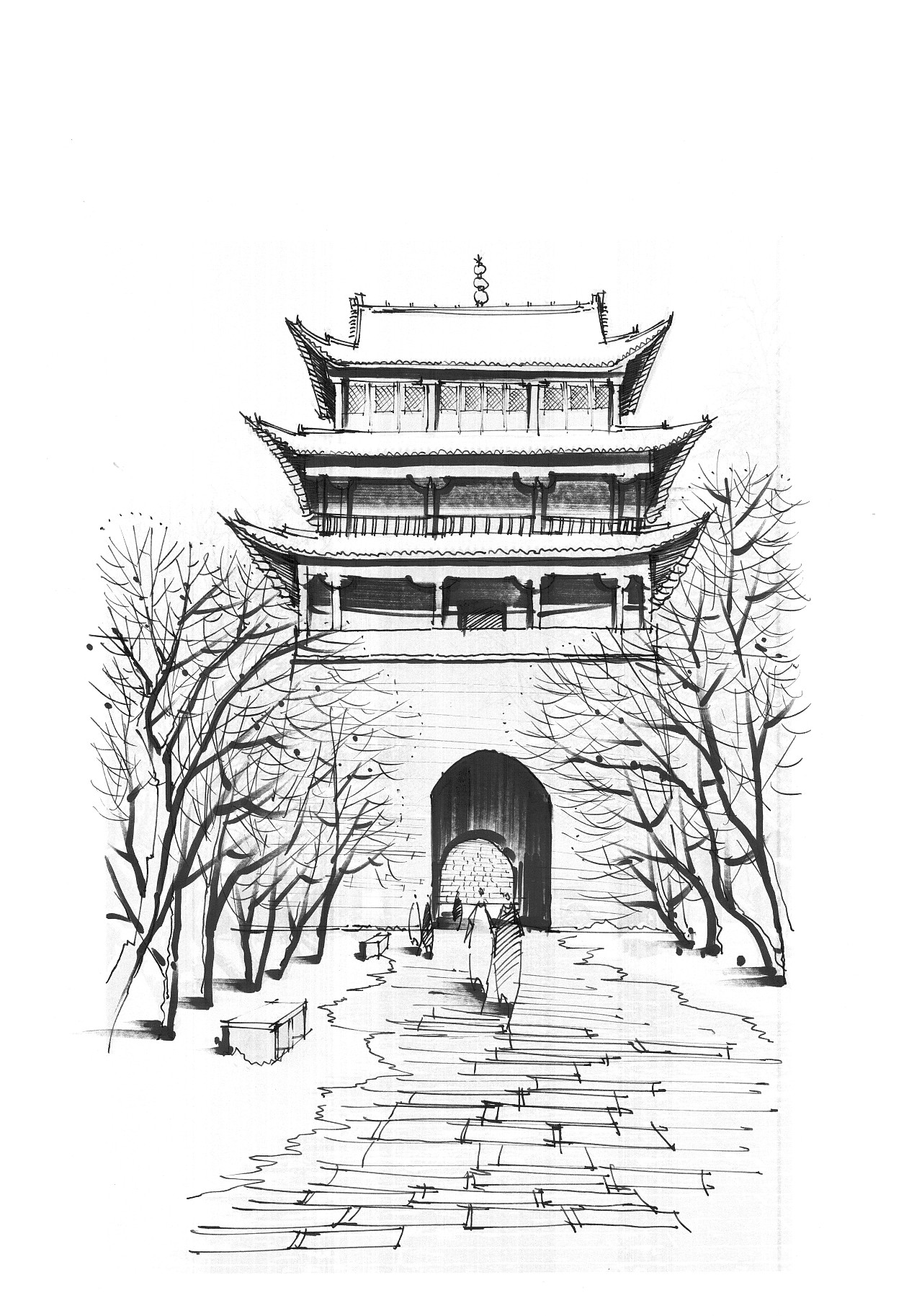 线稿阶段:注意对场景的空间关系,多运用近实远虚结合