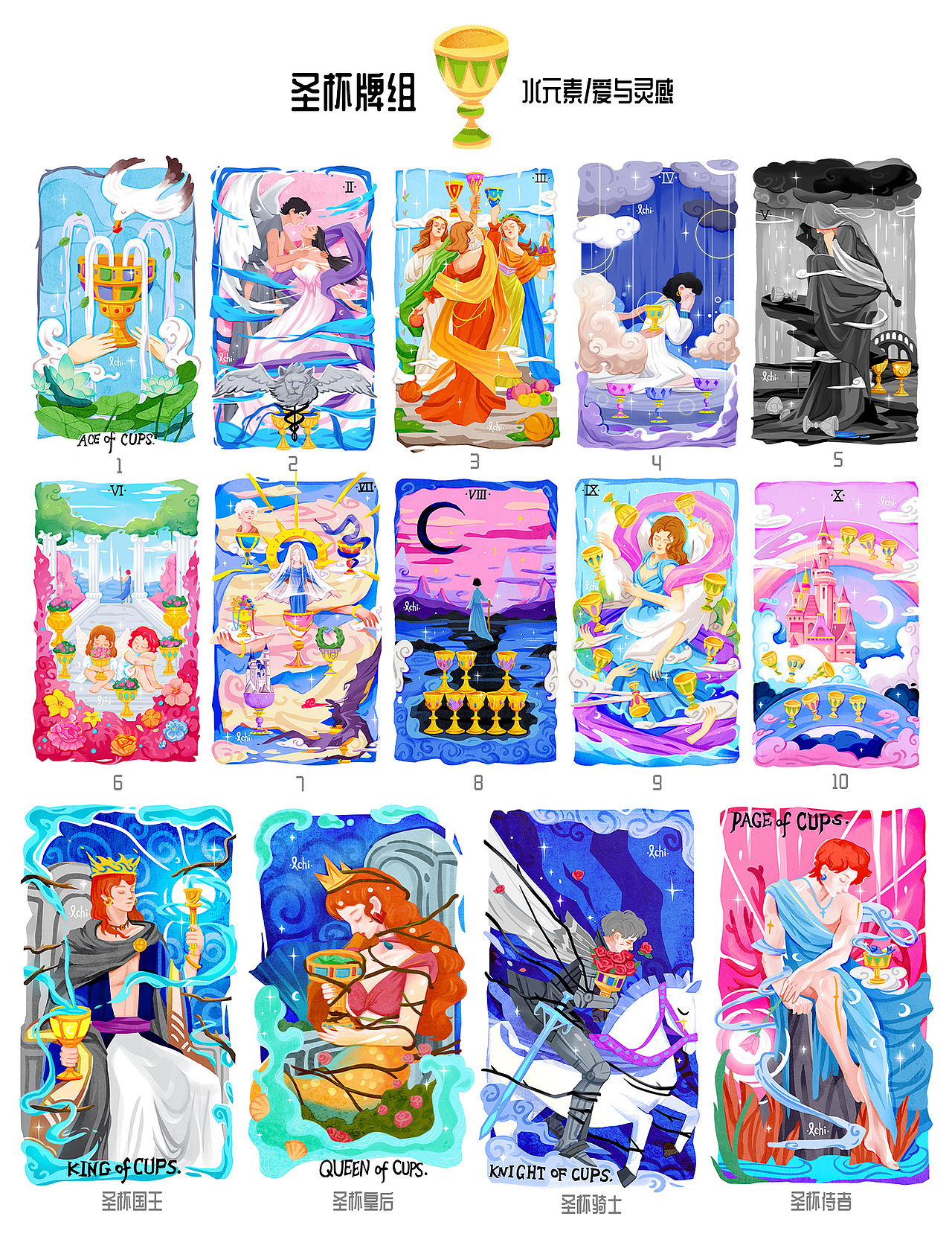 《梦游者·sleepwalker tarot》进度汇报&圣杯牌组插画(图ZMzA0NzkzNjg4) - 新锐潮流插画 - 站酷设计师小鼠阿迟原创素材 - 站酷ZCOOL