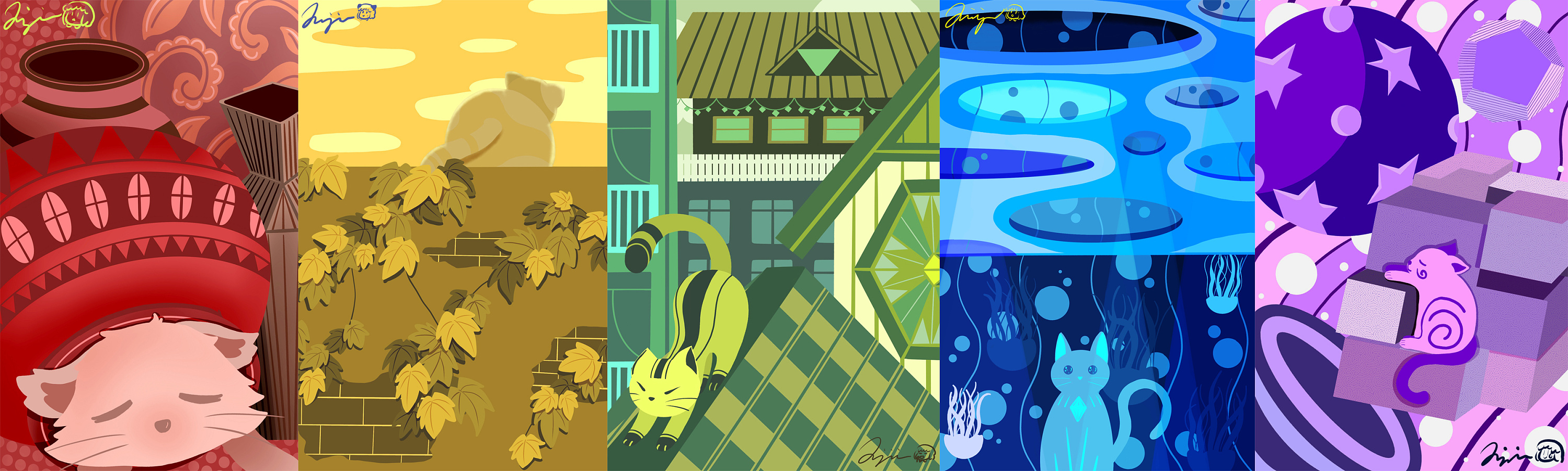 【原创插画习作 | 扁平风】单色系系列——猫