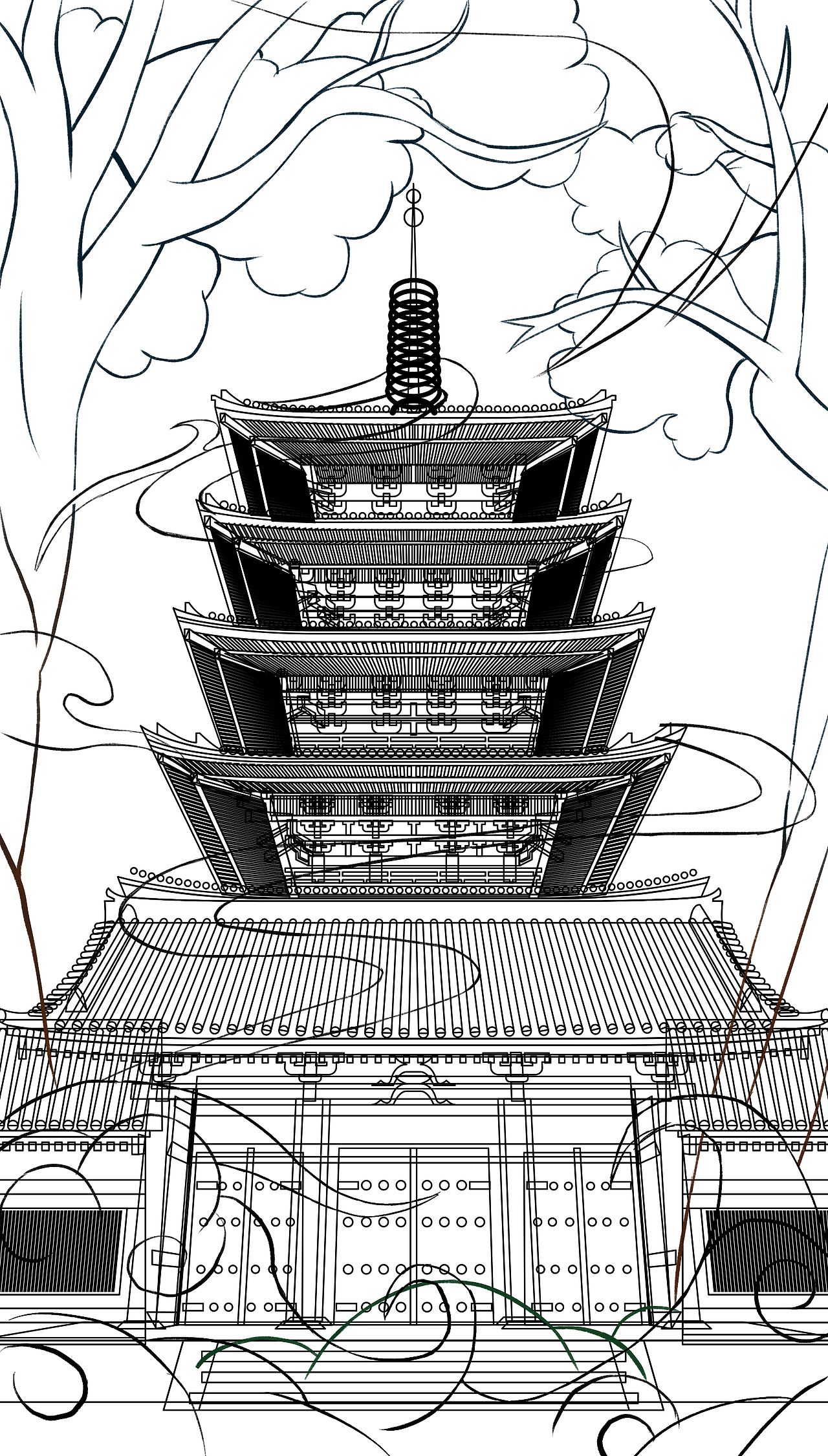 线稿画一画,建筑用AI画出主要结构细节,主体