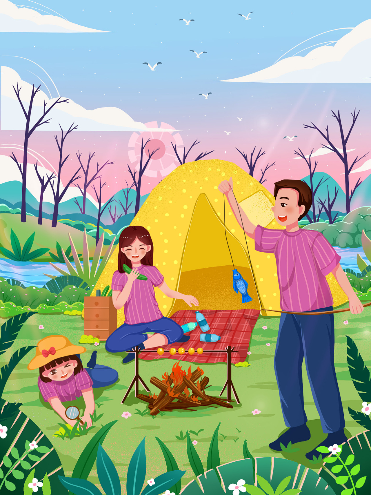 家庭夏令营郊游露营插画|插画|商业插画|z77992165 - 原创作品 - 站酷