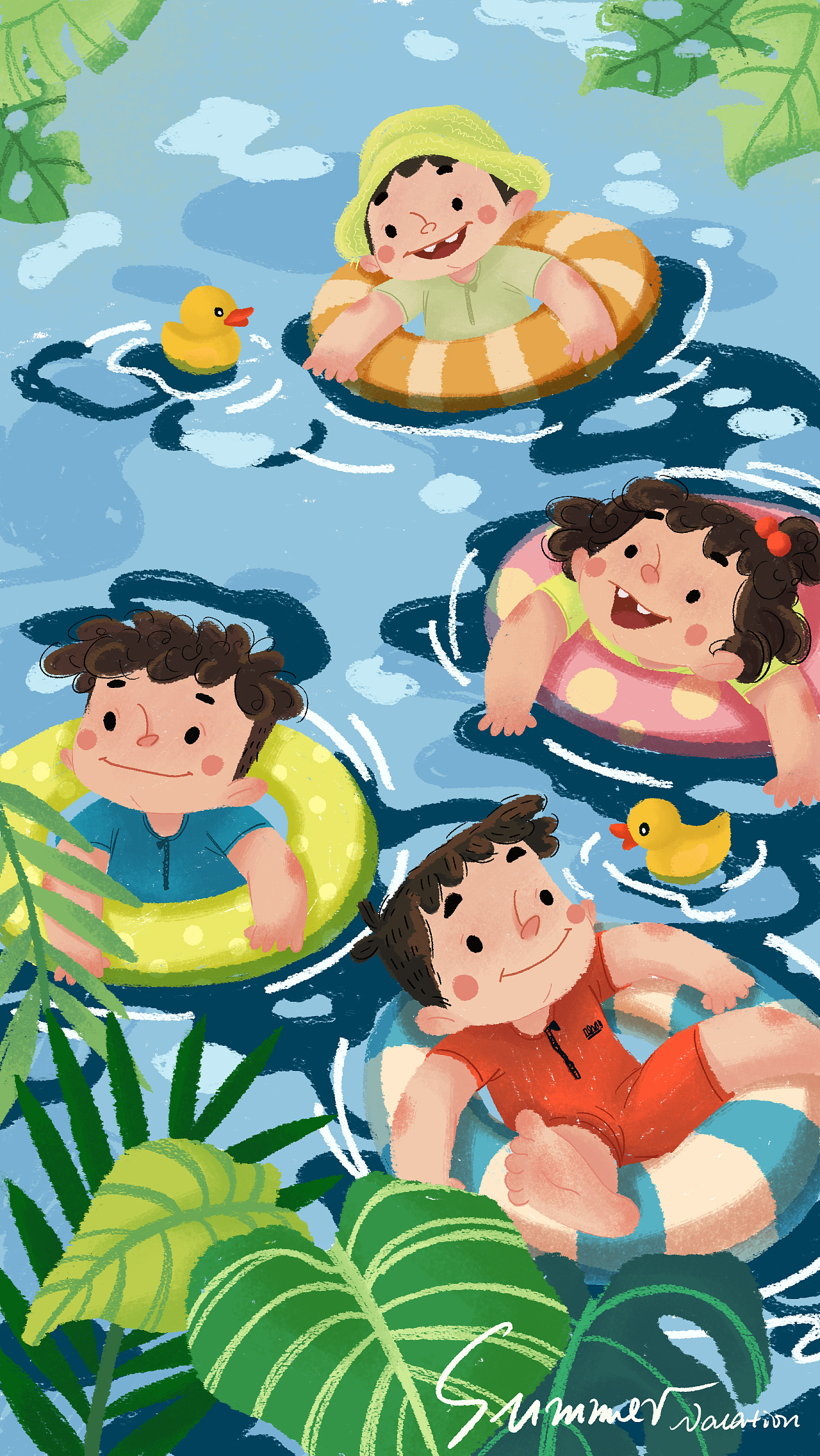 家庭游泳假期海滨海滨暑假父母与两个孩子矢量插图插画图片素材_ID:349137174-Veer图库