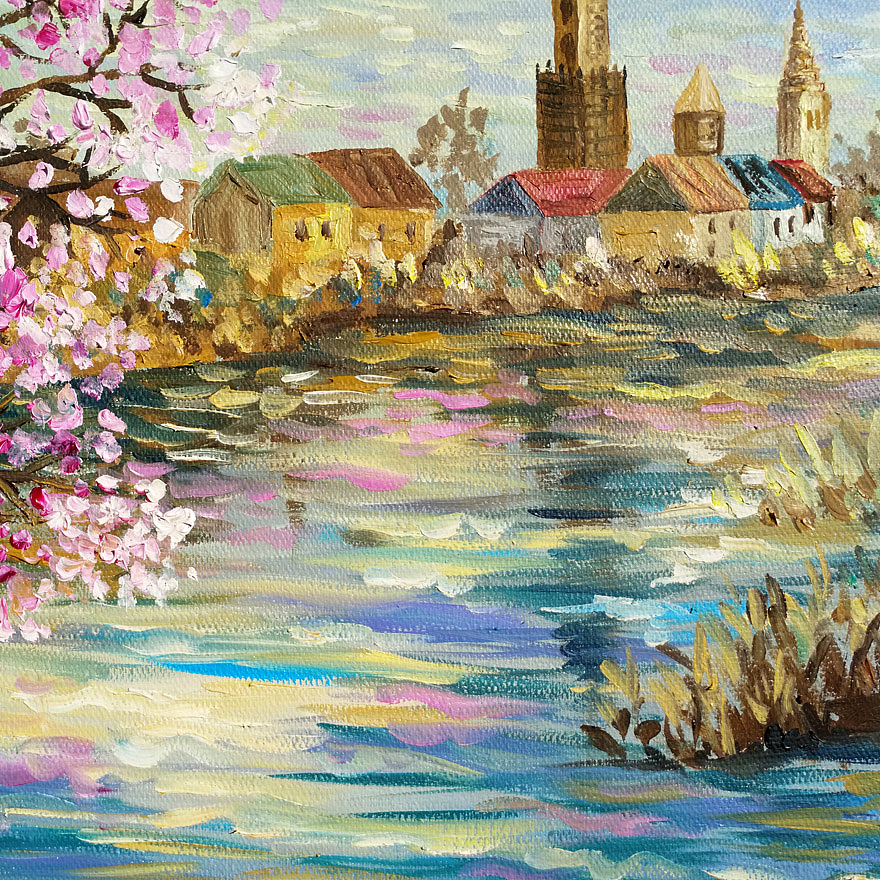 湖畔樱花原创布面油画