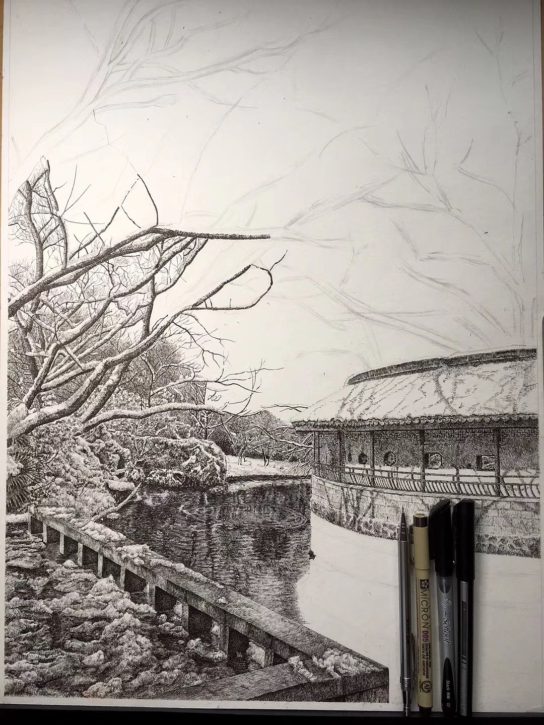 精密写实钢笔画——红梅公园一角（图ZMTk2MDg1ODUy） - 绘画 - 站酷设计师笔尖陌生人原创素材 - 站酷ZCOOL