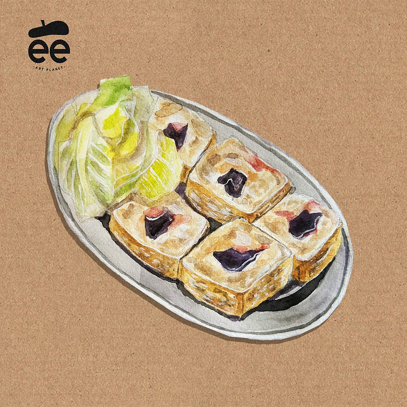 手繪水彩台灣小吃|珍奶|烤魷魚|控肉飯|臭豆腐