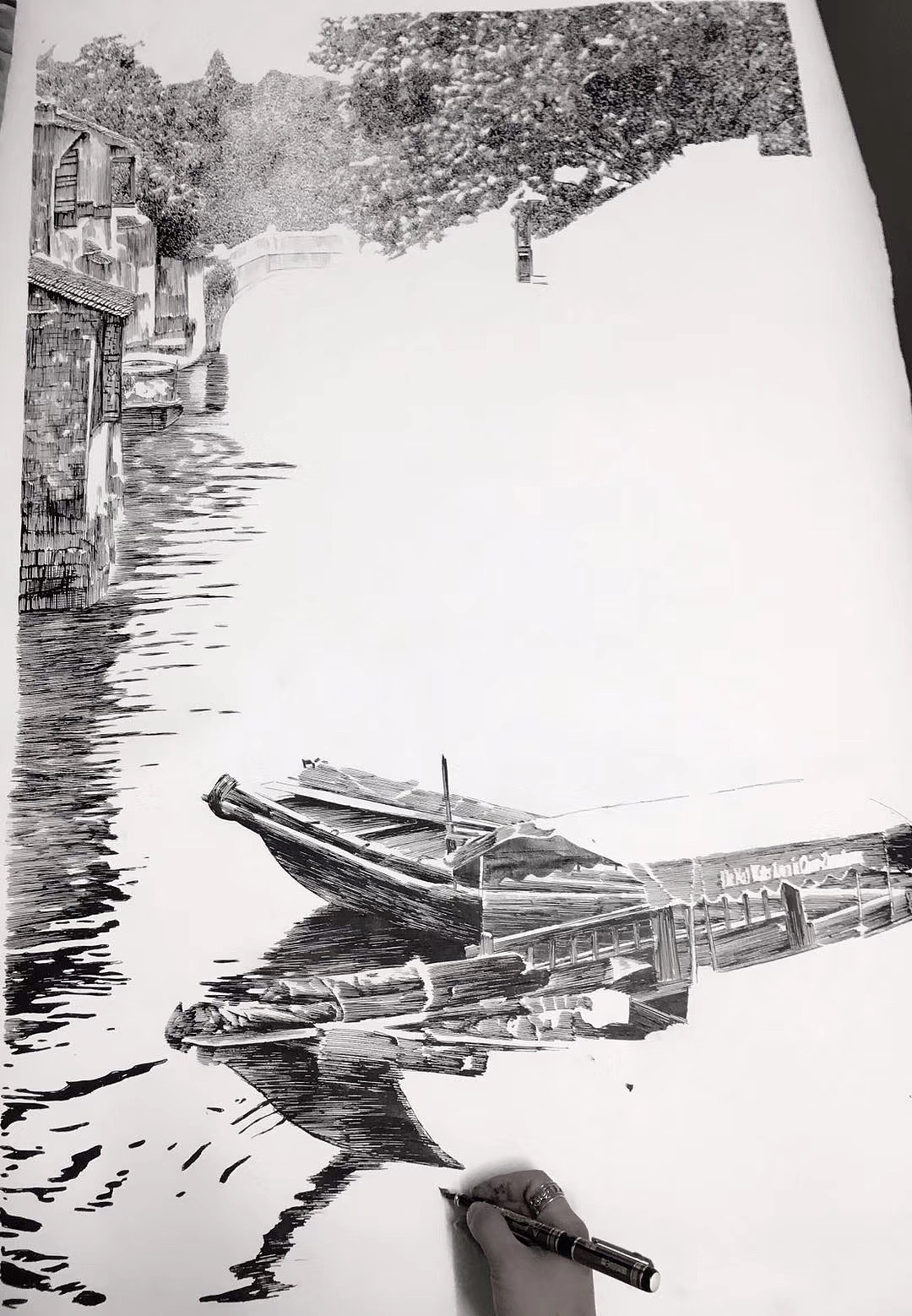 钢笔画江南水乡