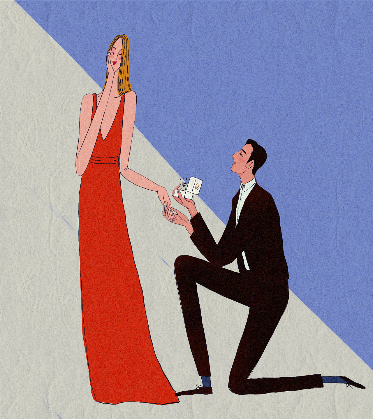 时尚复古插画 浪漫求婚 钻戒 女孩插画