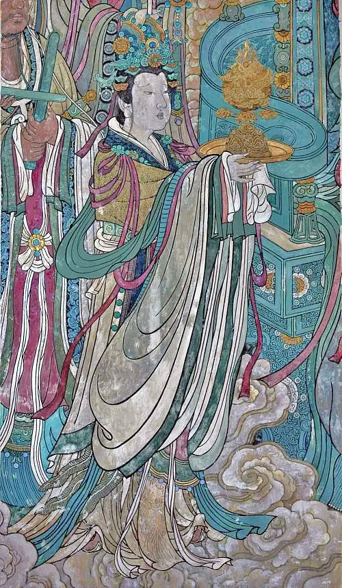 仿古工笔画《永乐宫》壁画局部之奉宝玉女