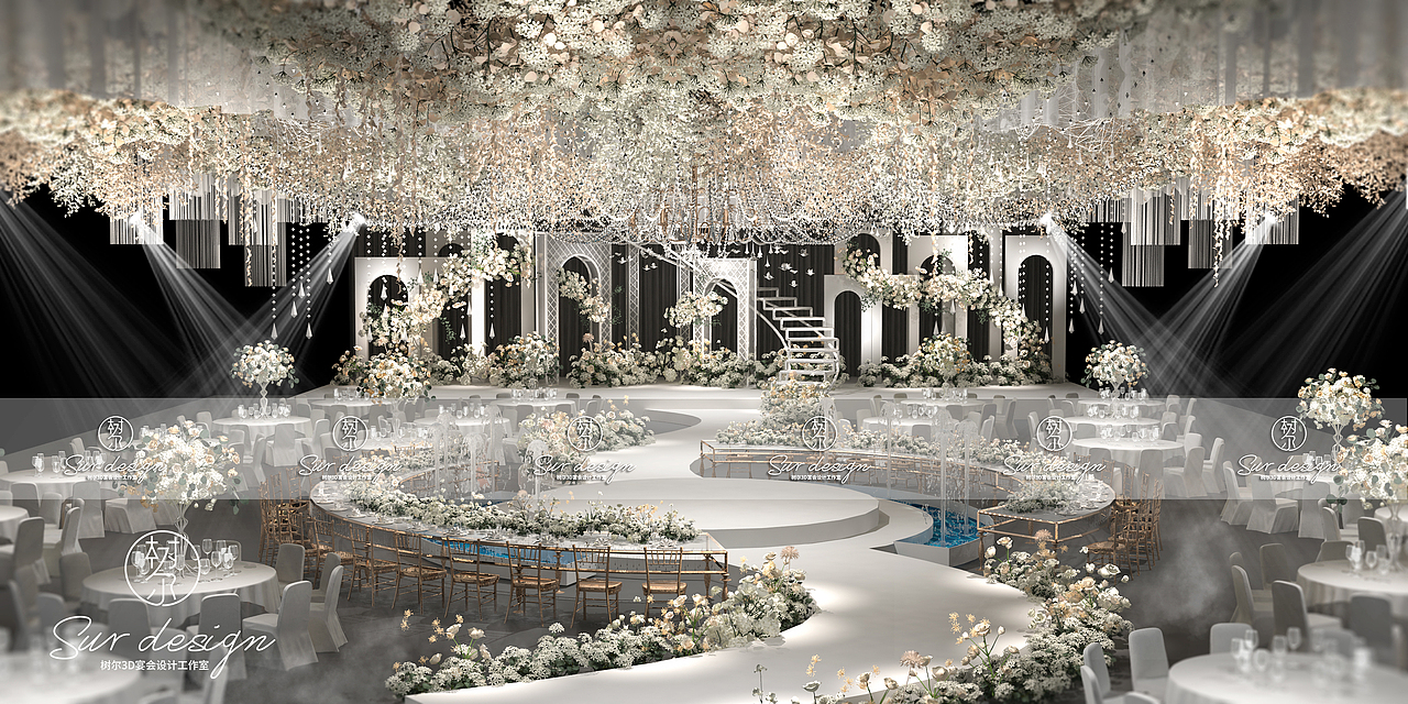 SurDesign香槟系婚礼宴会3D效果图