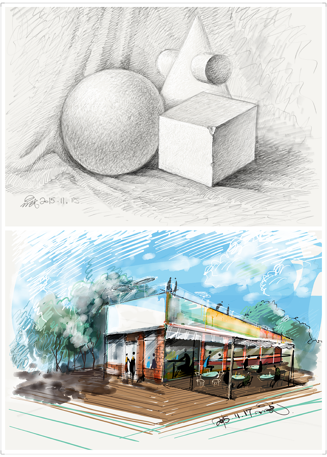 既然是苹果铅笔,就画个铅笔素描几何体吧,有木有艺考生回归感。。。<br><br>下面这个是环艺效果图,用水彩和钢笔工具模拟手绘效果,当初就靠着个赚点生活费呢