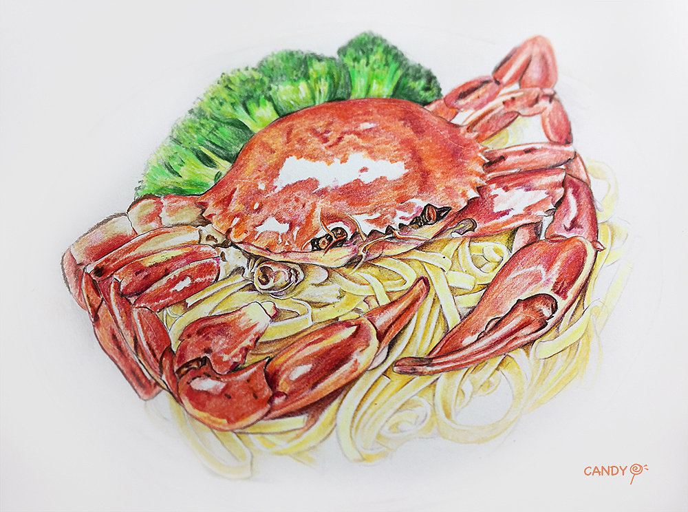 彩铅画港式蟹黄面