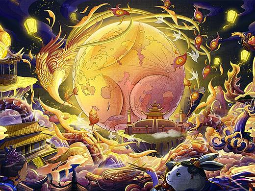 光影氛围国风插画kv·《中秋玄兔》