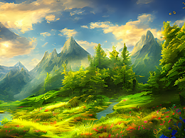 #站酷梦笔#蓝天 山峰 森林 草地 鲜花 河流，插画