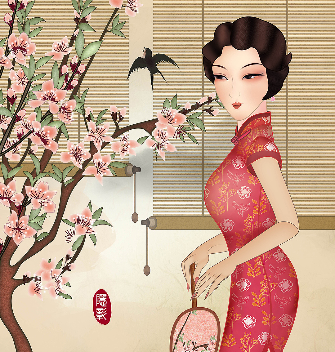 唯美古风下棋棋盘卷帘旗袍美人