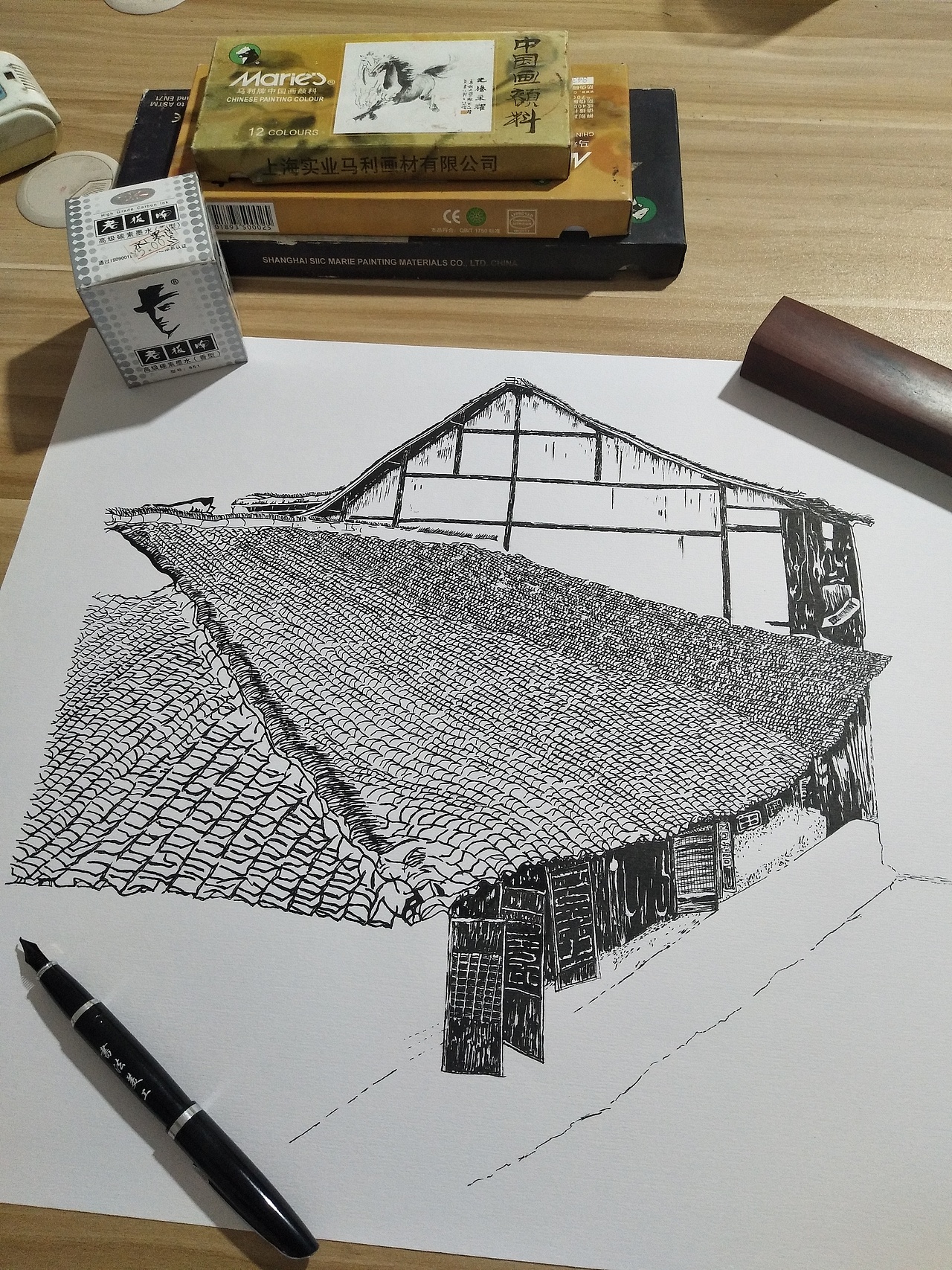 钢笔画《古屋巷子》