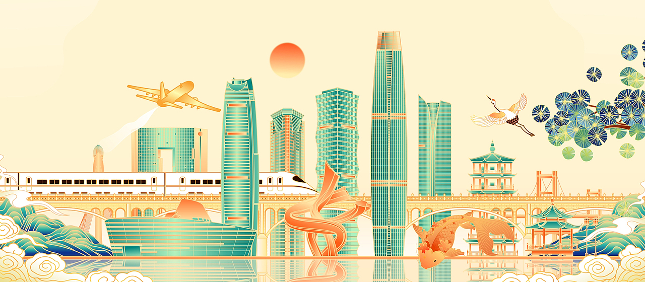 中国广东东莞城市建筑群矢量插画