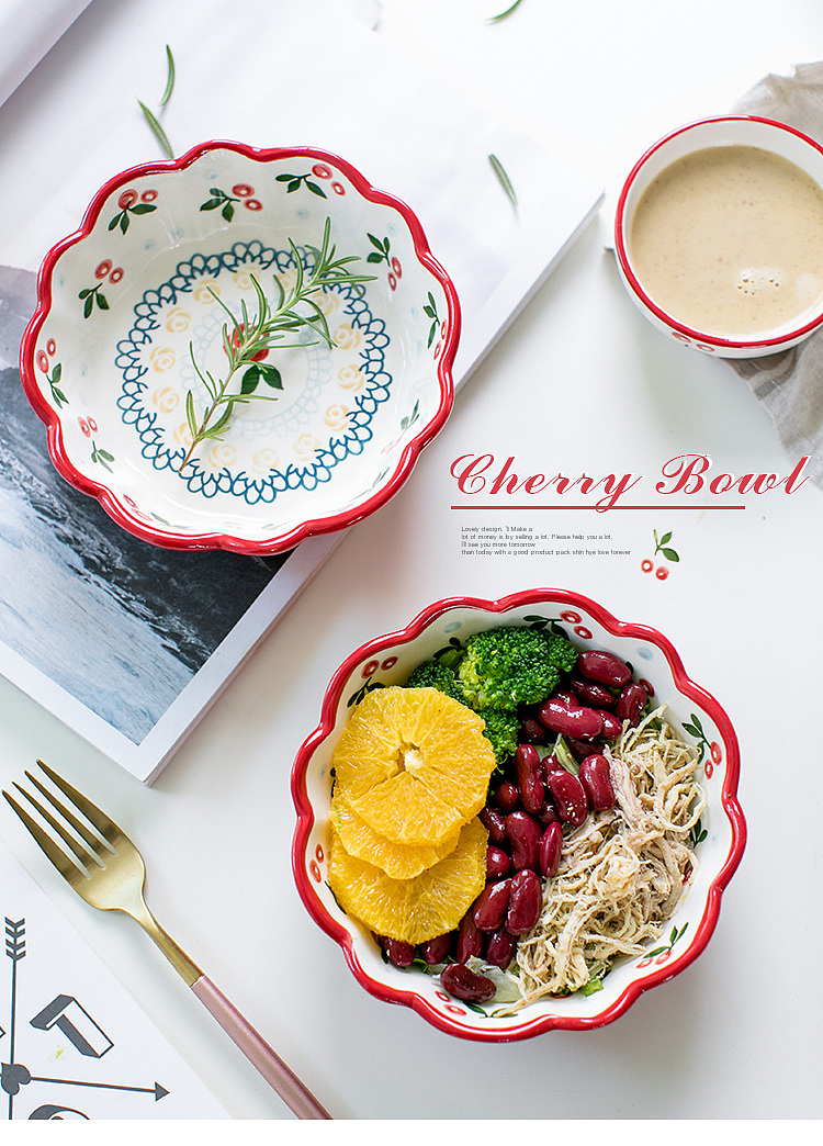 日式樱桃碗沙拉碗可爱的陶瓷碗甜品碗 餐具摄影