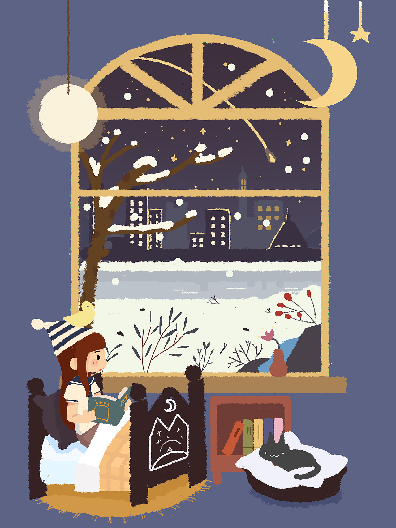 窗外的四季系列插画