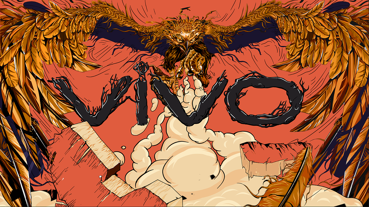 2D-Animation 定帧003插画设定想法
巨鹰挥动羽翼击飞碎石,脚踩枯枝藤蔓形成的vivologo,静距离特写,羽翼扩出屏幕,形成张力和速度感。