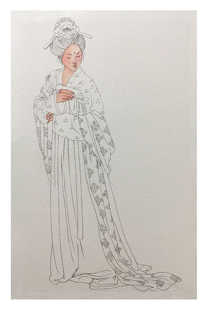 手绘水彩大唐仕女步骤图