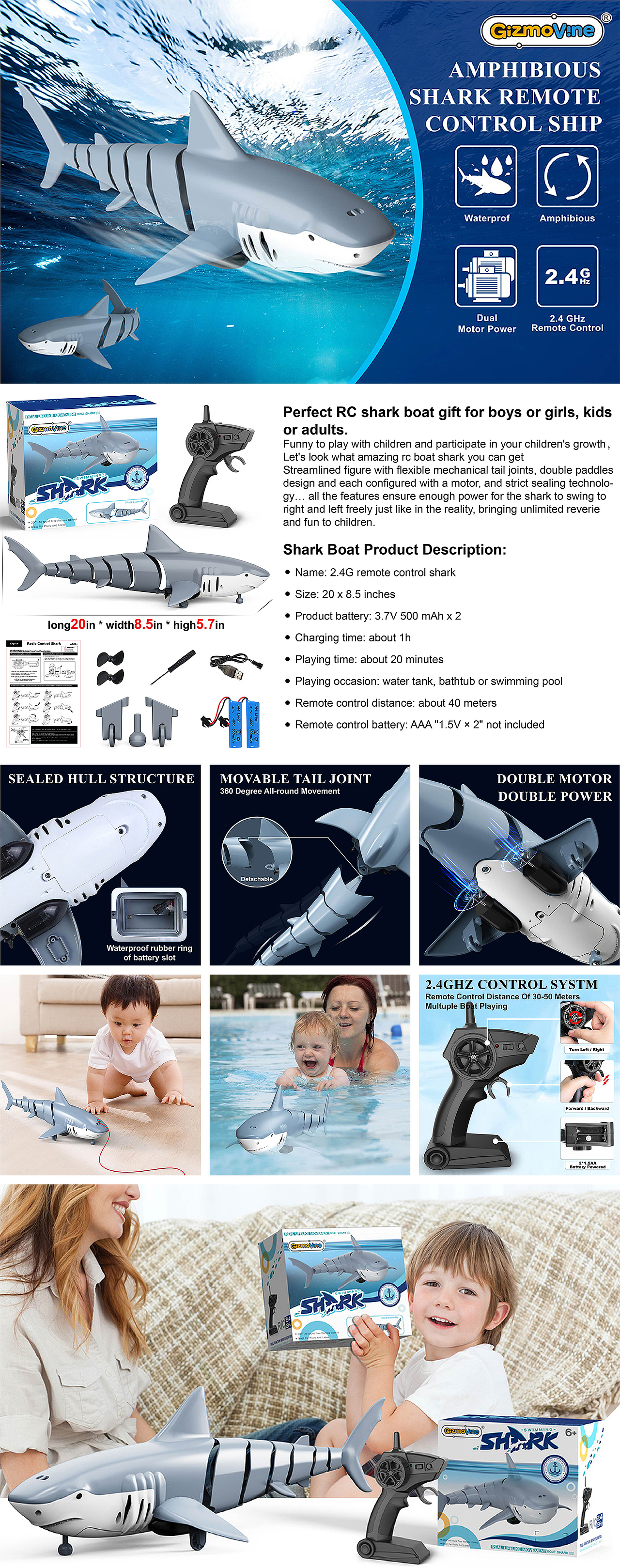 儿童玩具-鲨鱼遥控船（水路两用）