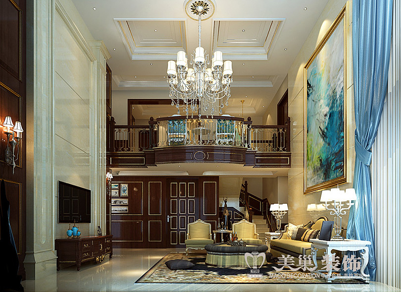 普罗旺世别墅350平装修效果图——客厅全景