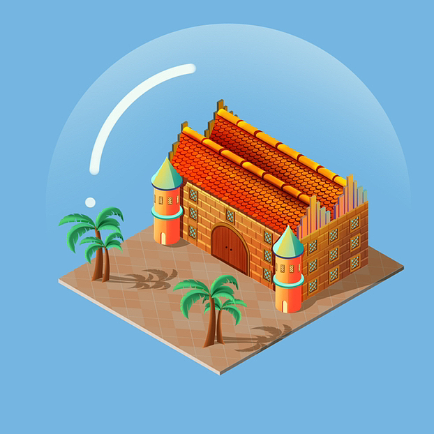 海边小镇场景手绘2.5D插画