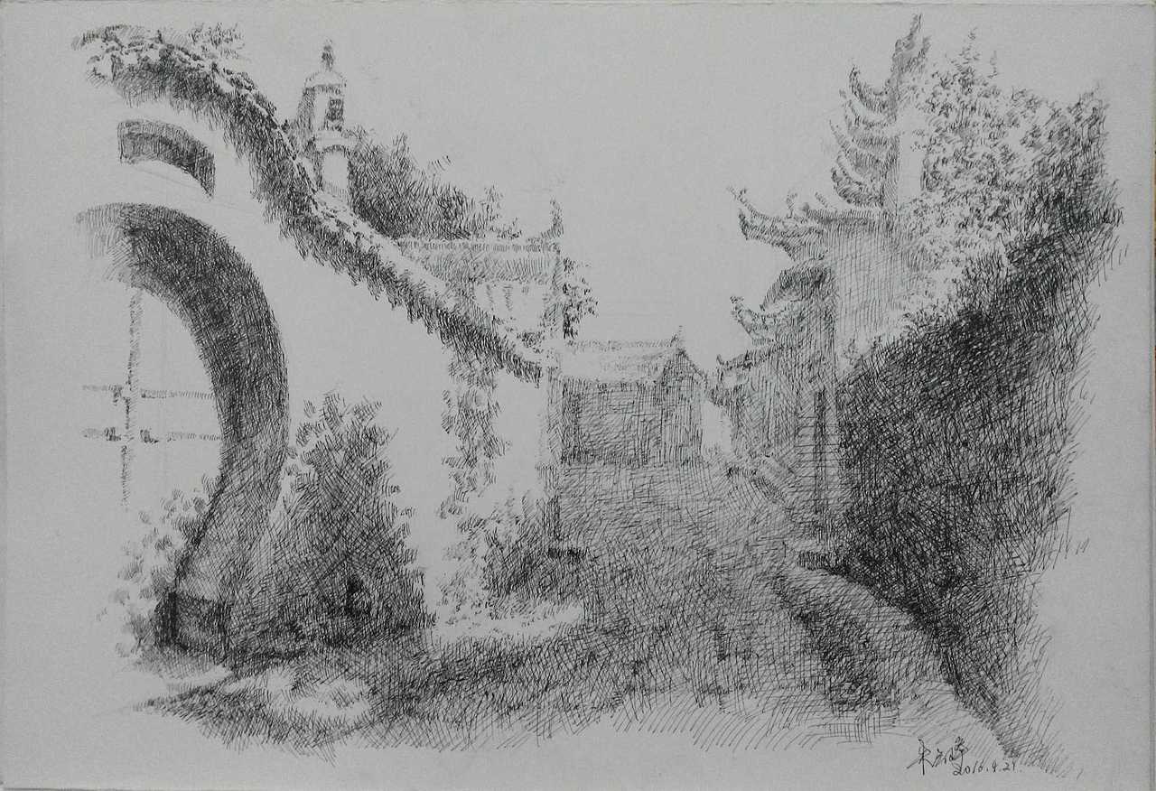 安徽西递,屏山钢笔画写生