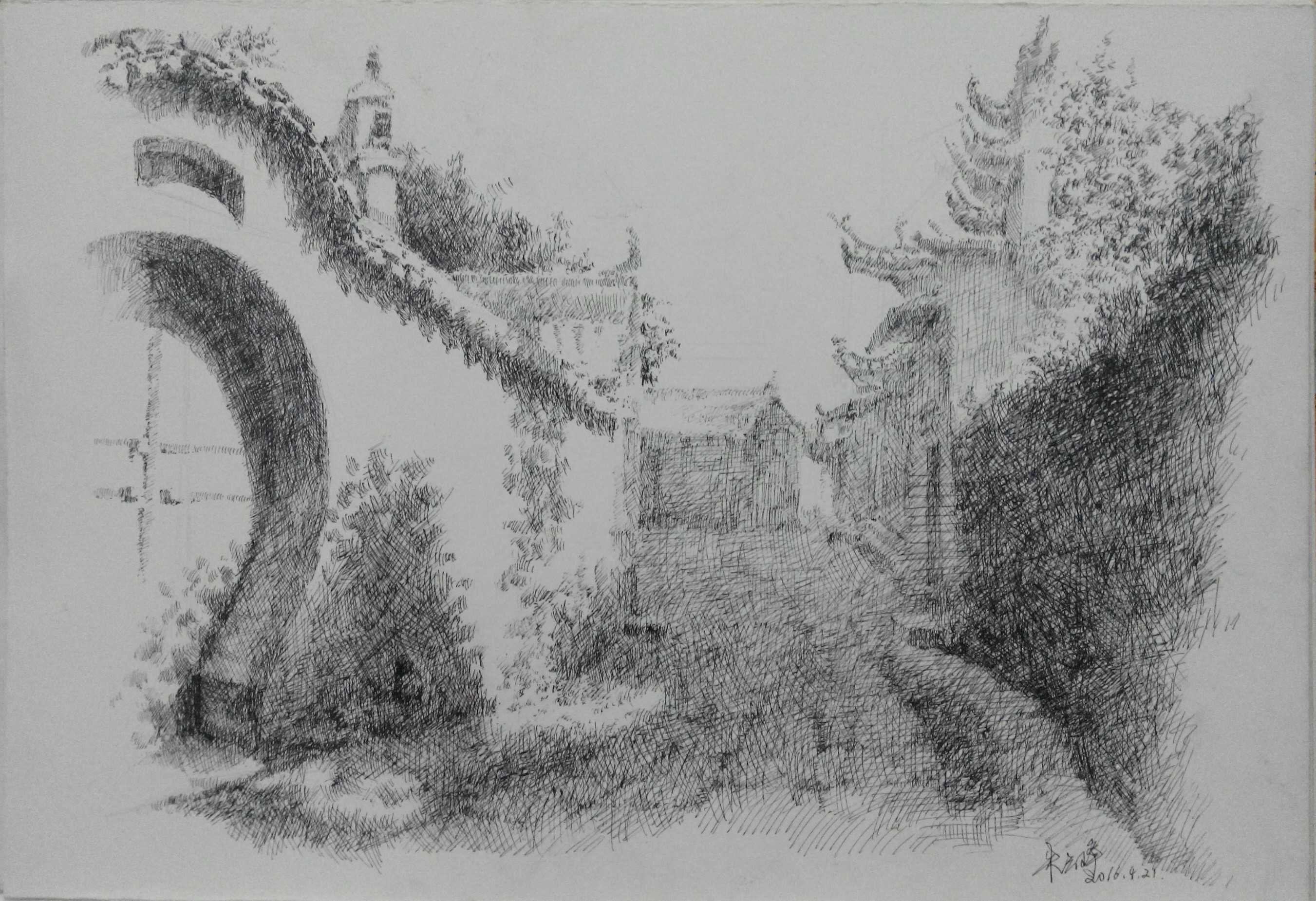 安徽西递,屏山钢笔画写生