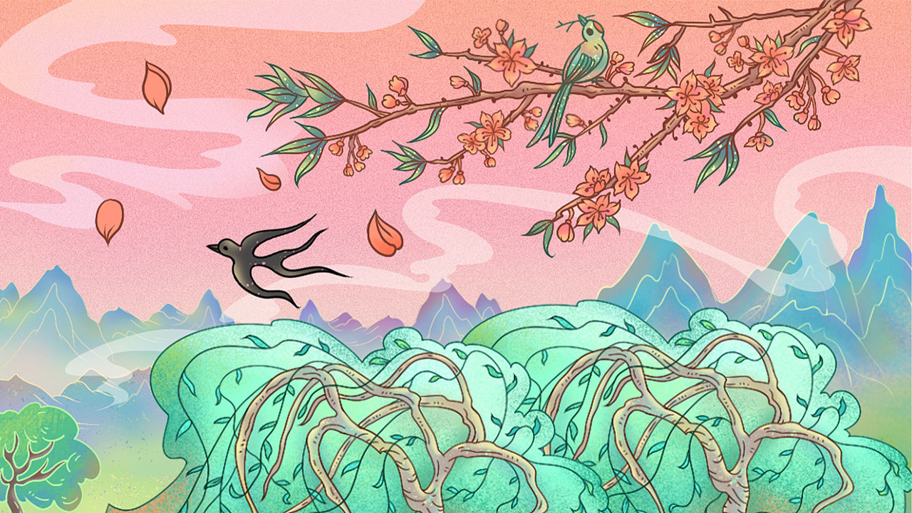 原创国潮风春季踏春插画长卷