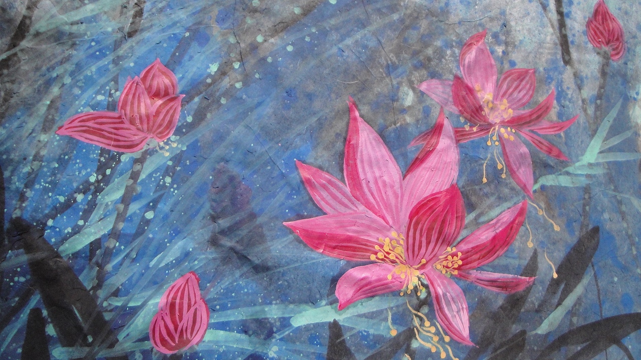 20150513通宵绘制——泼彩《夜色荷塘》两幅(附:绘画步骤图)