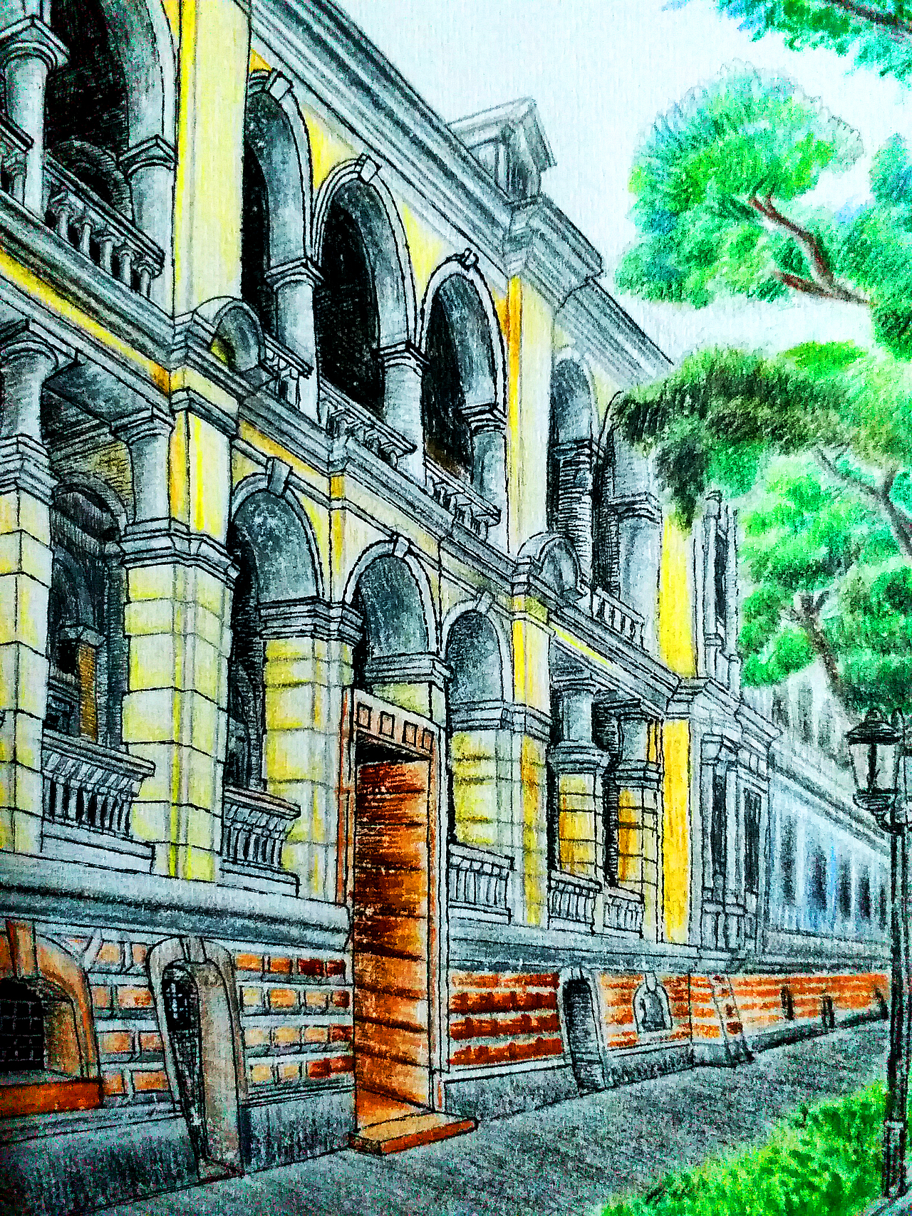从建筑物延伸至室外的路灯以及林荫道,一笔一画,满满的欧陆格调