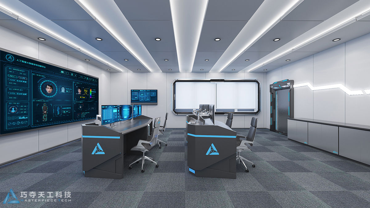 巧夺天工科技,自主研发带有高科技感的监控室室内设计,监控操作台