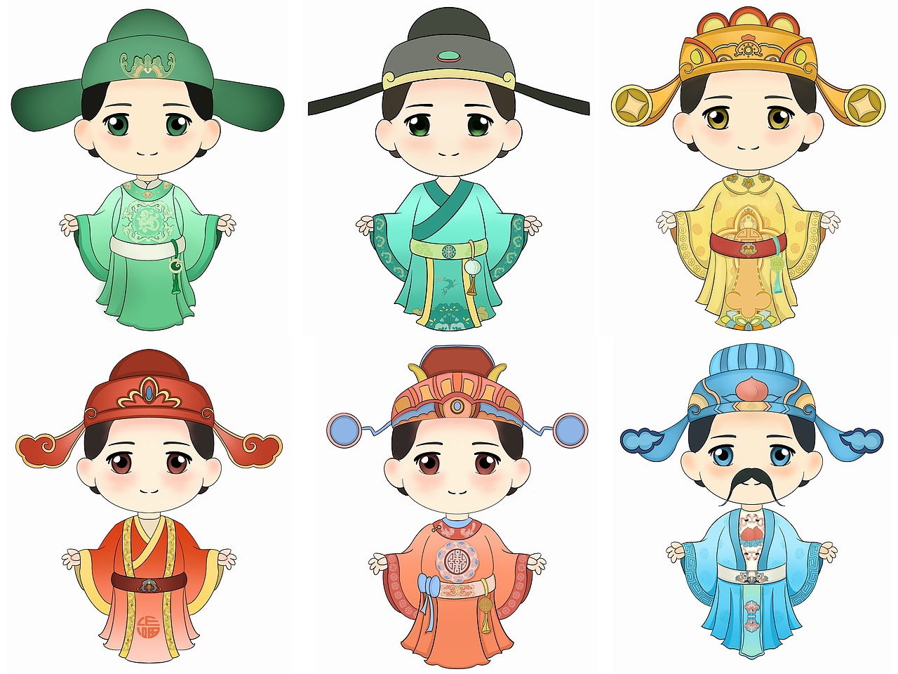 六个人物分别代表福禄寿喜财权