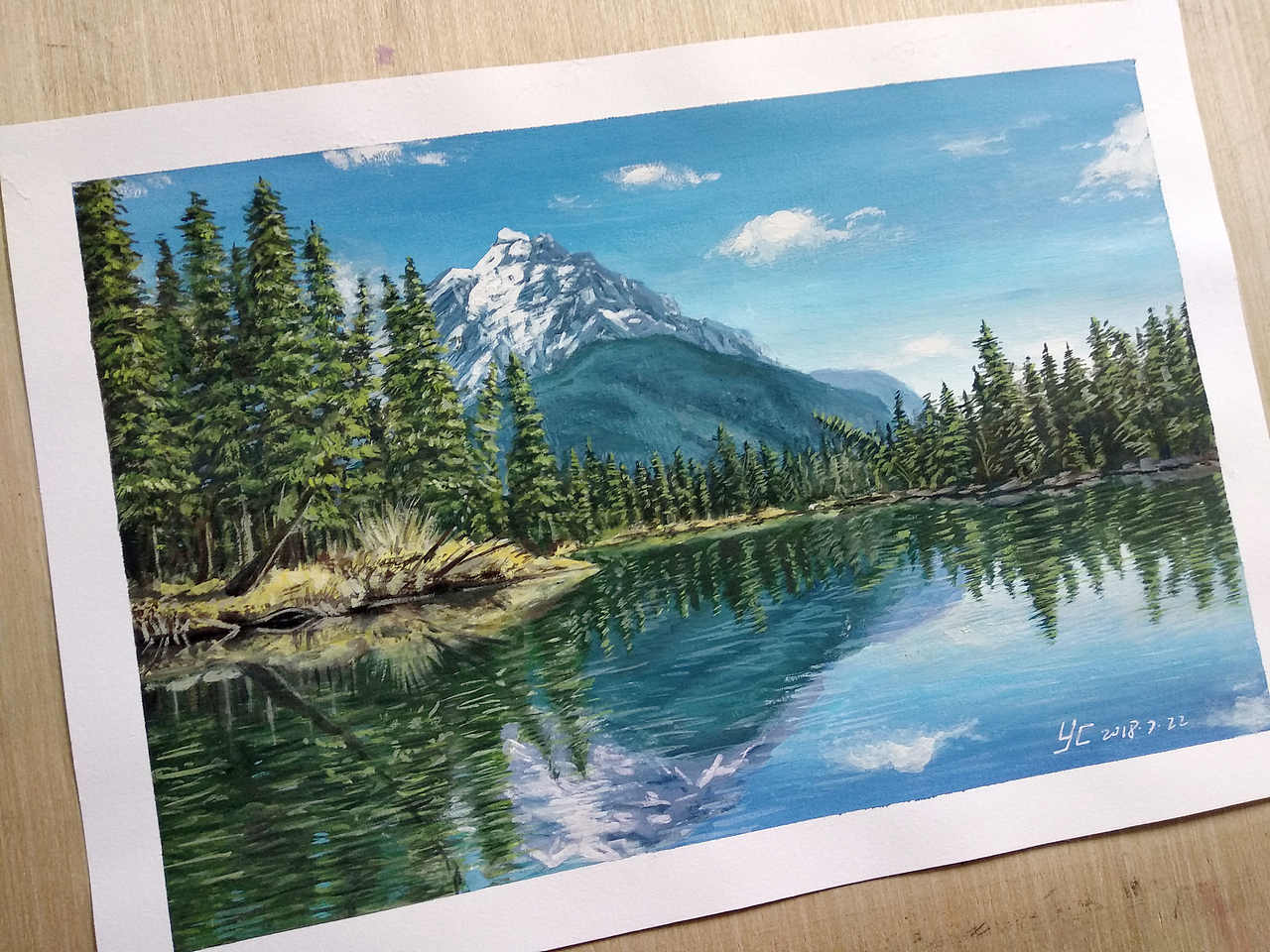 水粉画风景-湖泊