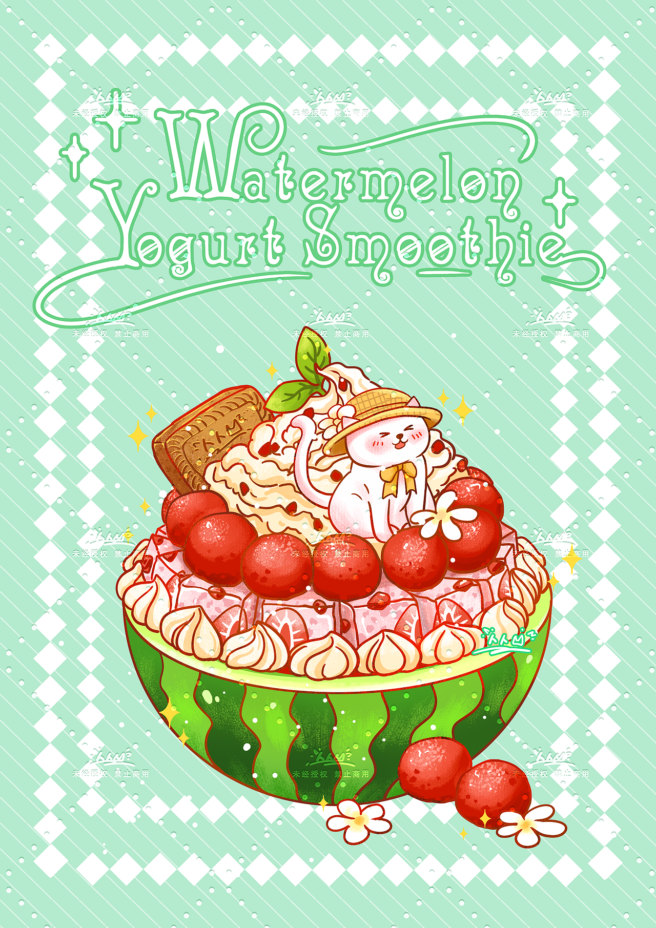 猫咪与甜品丨西瓜甜品插画系列（图ZMzEyNDQ4MDM2） - 创作习作 - 站酷设计师画画de卜卜原创素材 - 站酷ZCOOL