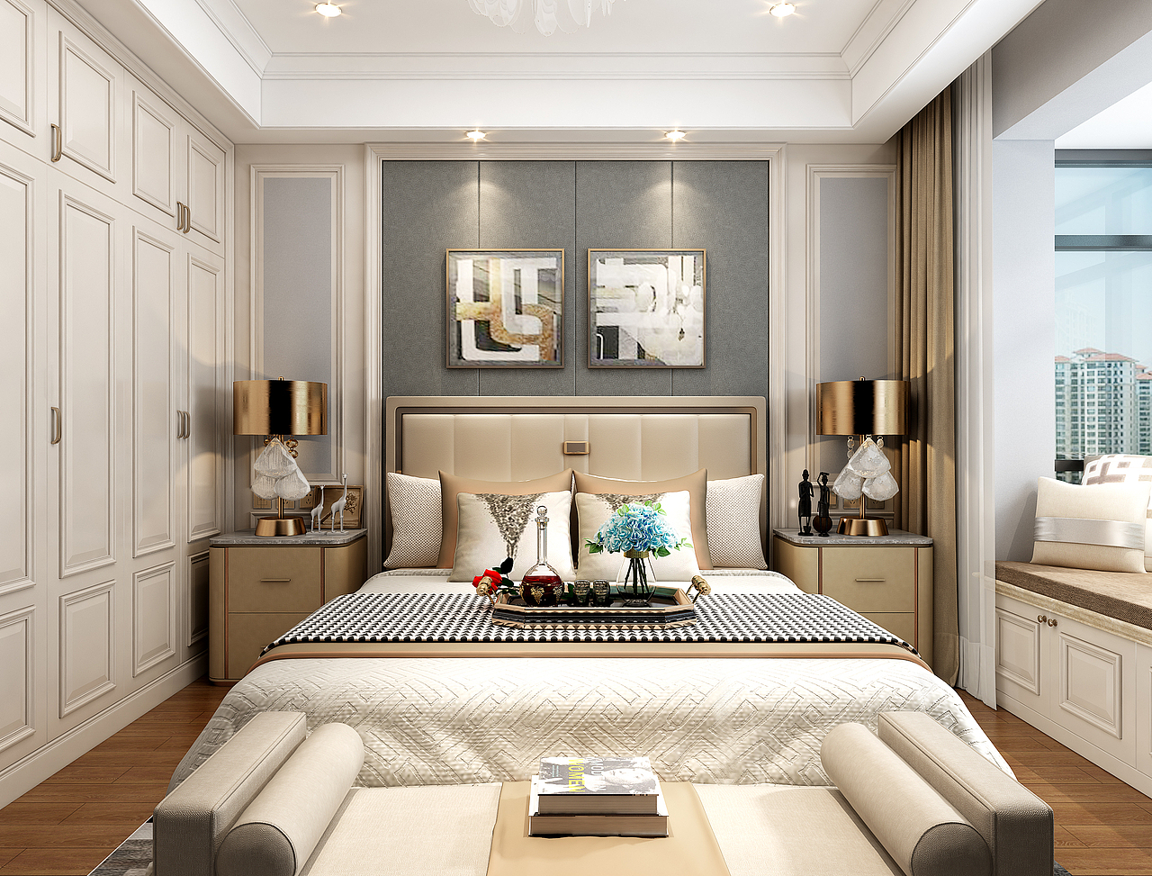                                   进入房间最先映入眼前的便是地砖上墙的对称式电视背景墙，沙发背景墙选用简单的素色壁纸，两幅挂画装点，简约大气   
                                 The first thing that comes into the room is the symmetrical TV background wall with tiles on the wall. The background wall of the sofa uses simple plain wallpaper, two hanging pictures and simple atmosphere.<br><br>