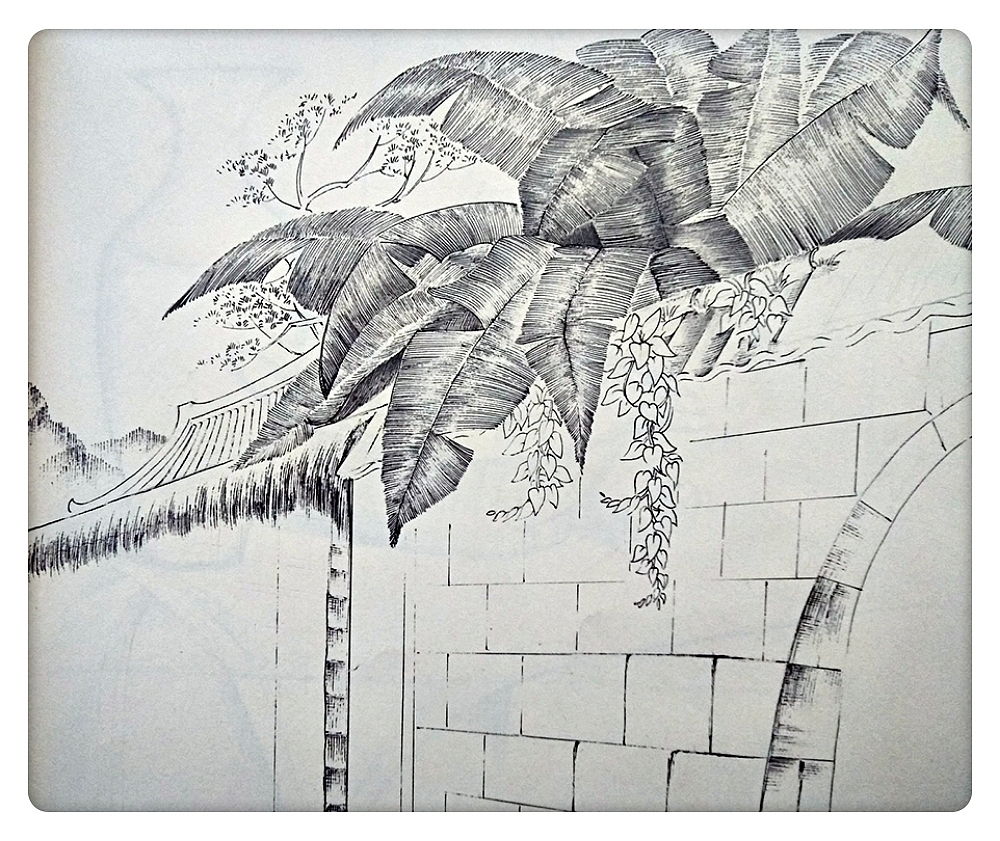 黑白线描风景插画