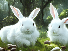 #AI创作实验室#两只白色的兔子在长满蘑菇的森林里