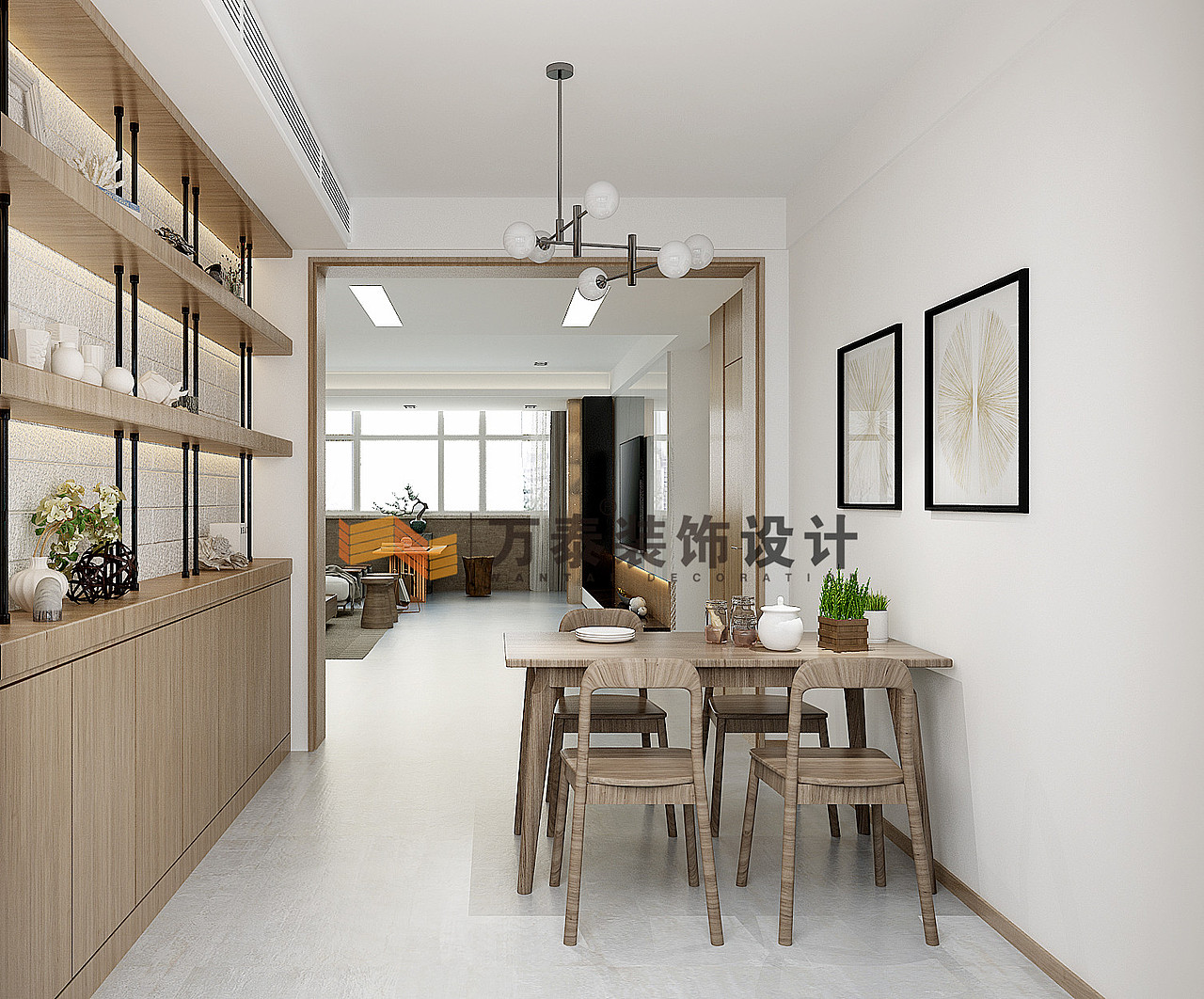 一楼属于动区,也就是说活动区域,要求区域的通透性和开阔性,基于这方面的考虑,客餐厅及厨房都做了开敞处理,同时兼顾由于居室进深比较大而造成采光问题