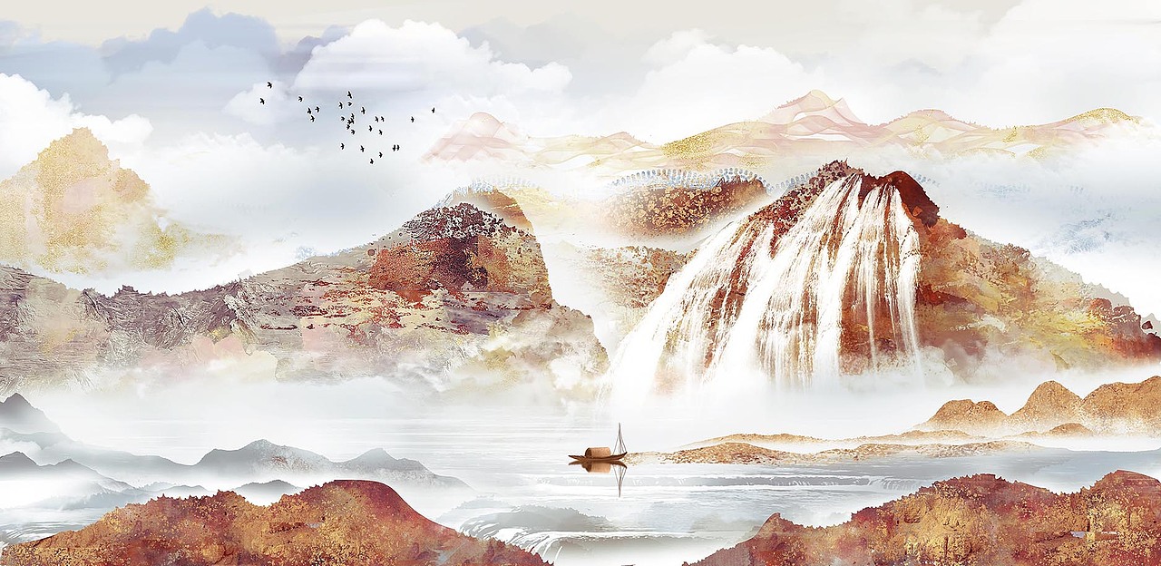 人丁兴旺财源广进富贵山水画