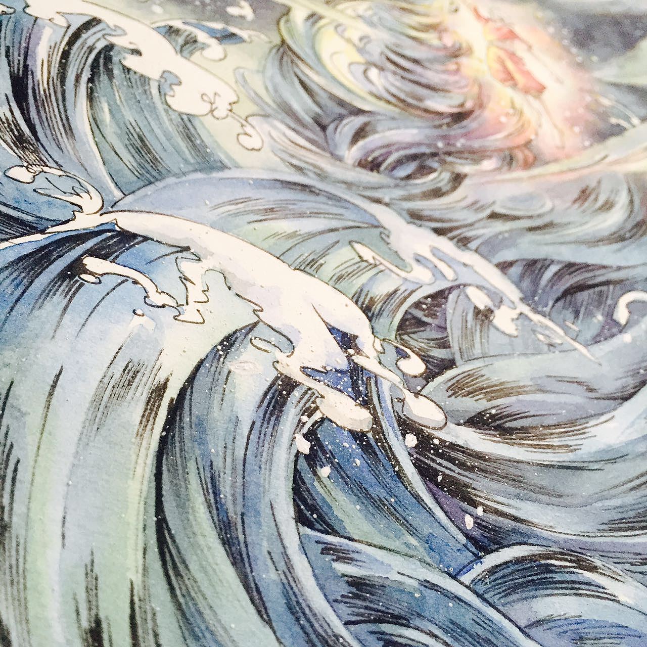 海浪的细节,加上淡淡的浅灰作立体感,最后的最后用可覆盖颜料点了波浪