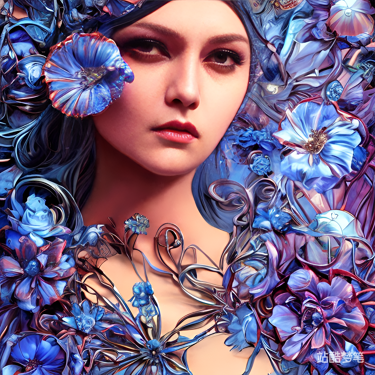#站酷梦笔#穿着金属感花朵的科幻服装,羽绒,梦境,幻