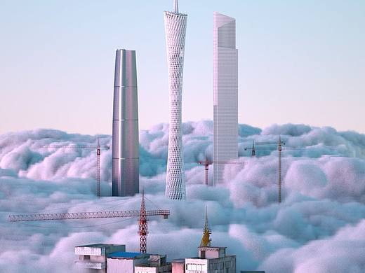 c4d超现实场景：云上穗都，珠江新城，城中村，广州塔