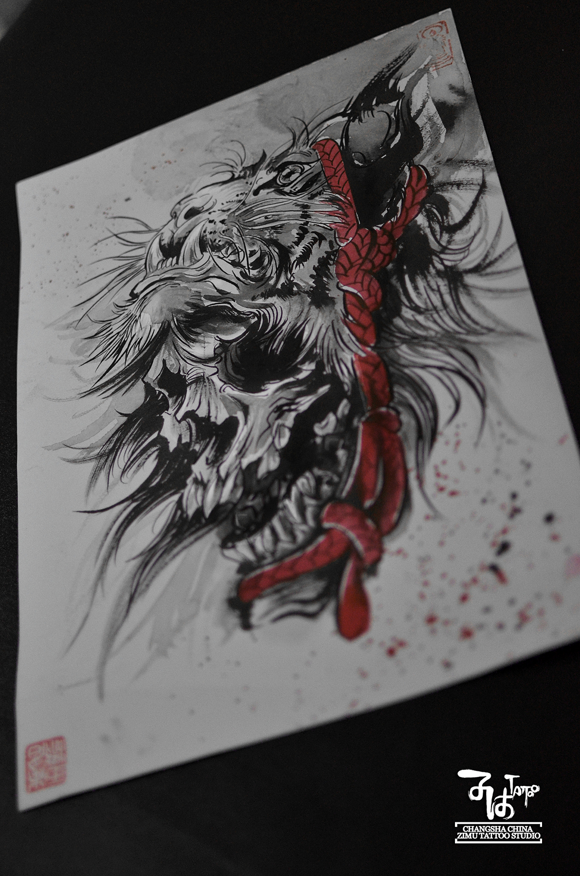 长沙子沐刺青纹身工作室毛笔水墨中国风手稿虎头骷髅
