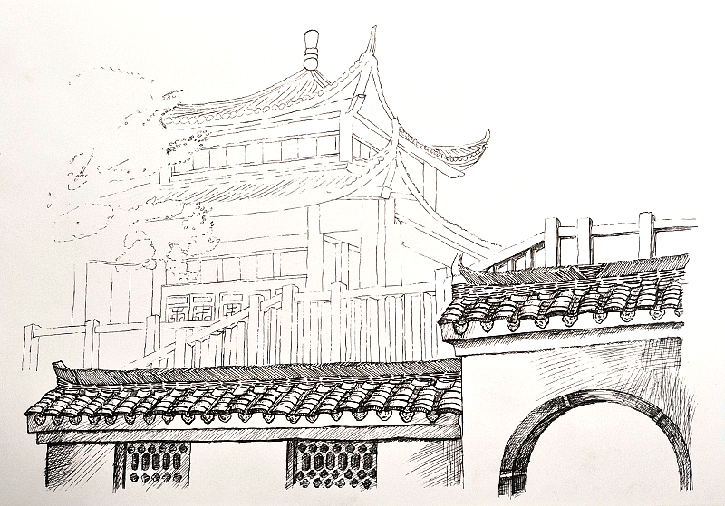 古建筑钢笔画（图ZMzUzMjY5ODAw） - 商业插画 - 站酷设计师藝孑原创素材 - 站酷ZCOOL