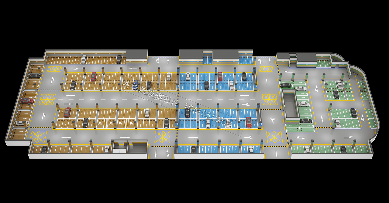 立体车库 地下车库 停车场 道路标线 效果图 若雅图像